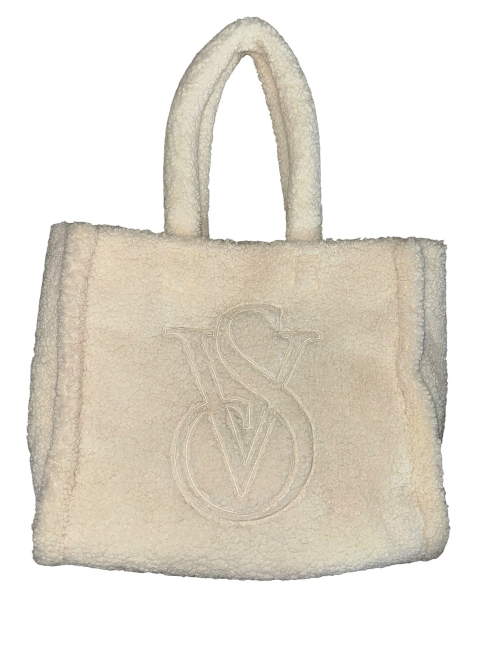 Victoria’s Secret Cream Ivory Faux Fur Sherpa VS Logo Large Tote Bag Zip Top